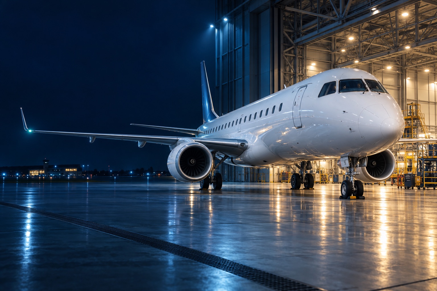 Illustration of an aircraft in a maintenance hangar
